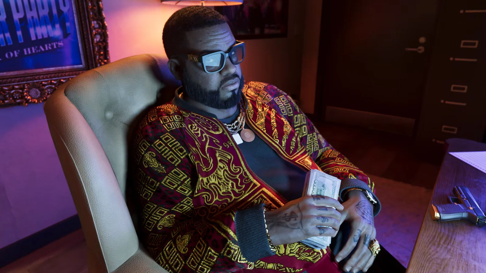 GTA 6 character Boobie Ike sitting in his office with a stack of cash