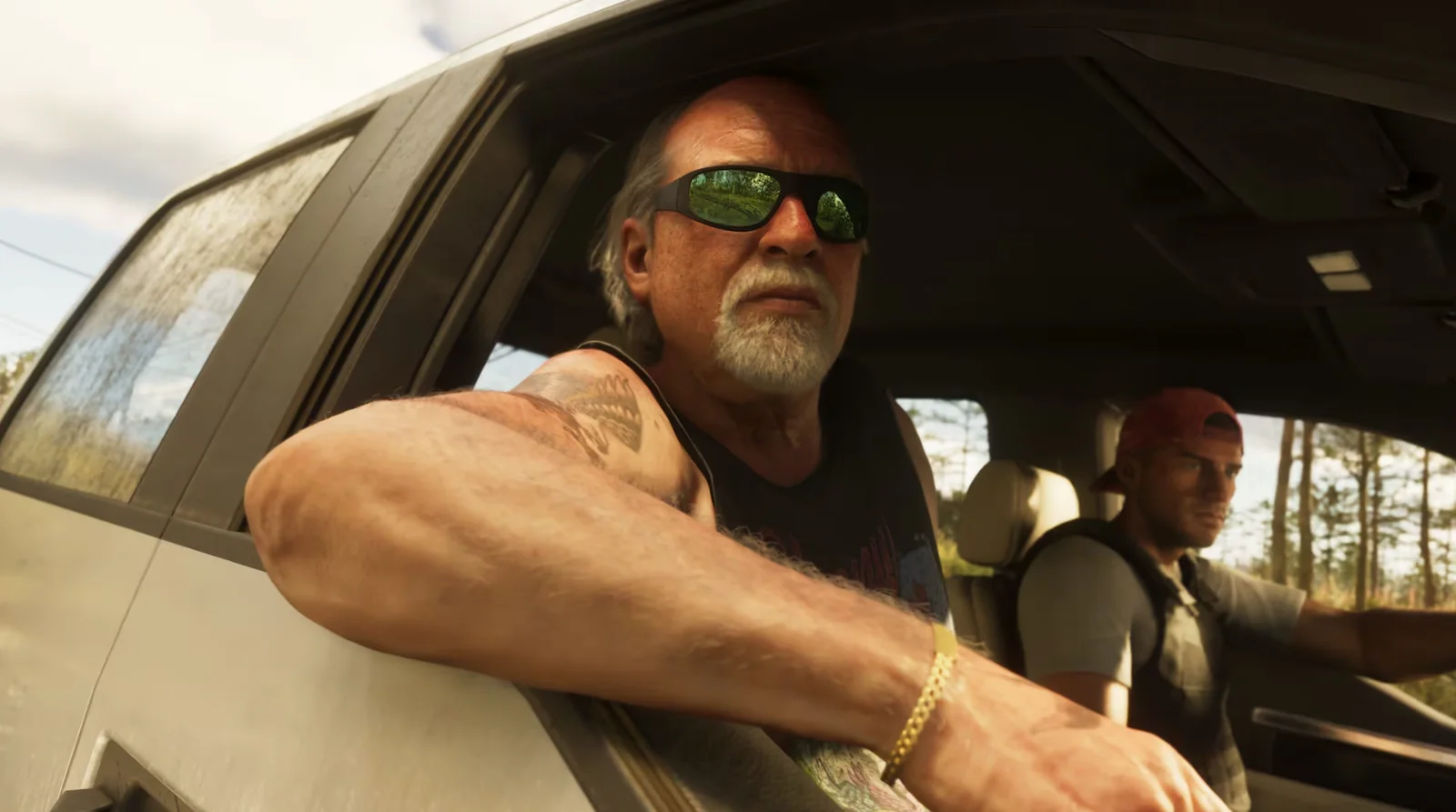 GTA 6 character Brian Heder leaning out of a car window