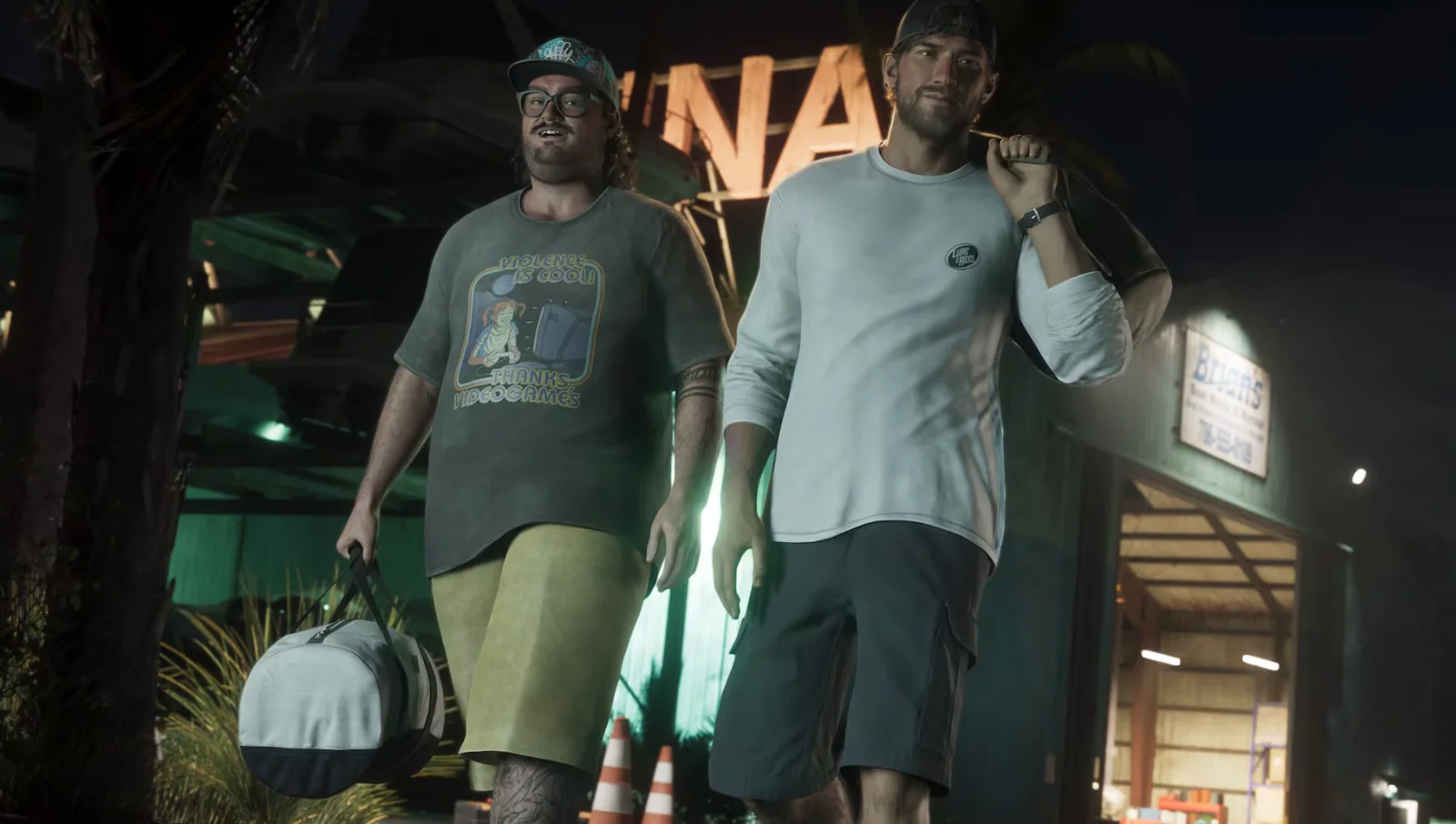 GTA 6 character Cal Hampton at night in Leonida
