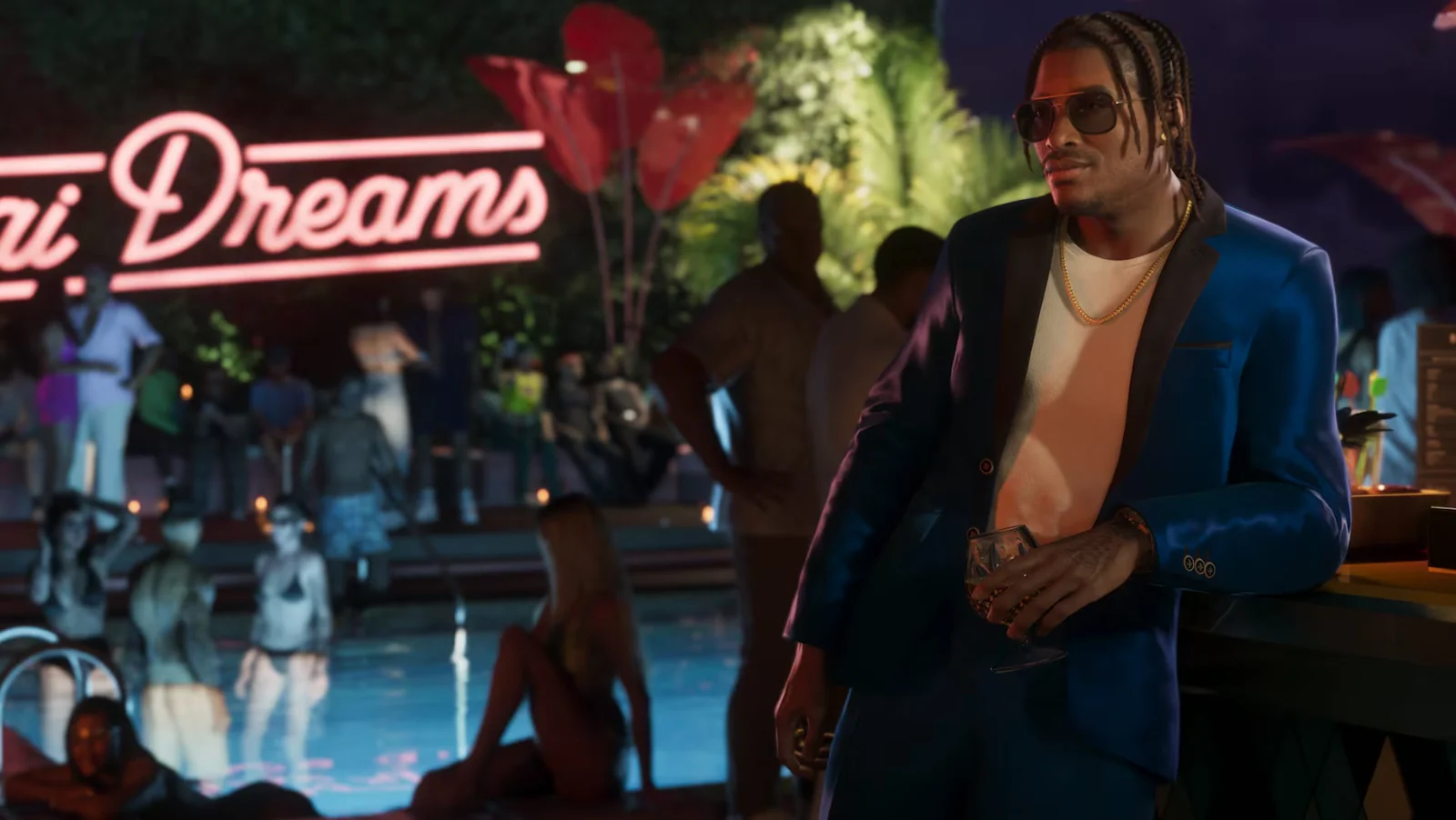 GTA 6 character Dre'Quan Priest in a blue suit at a Vice City club