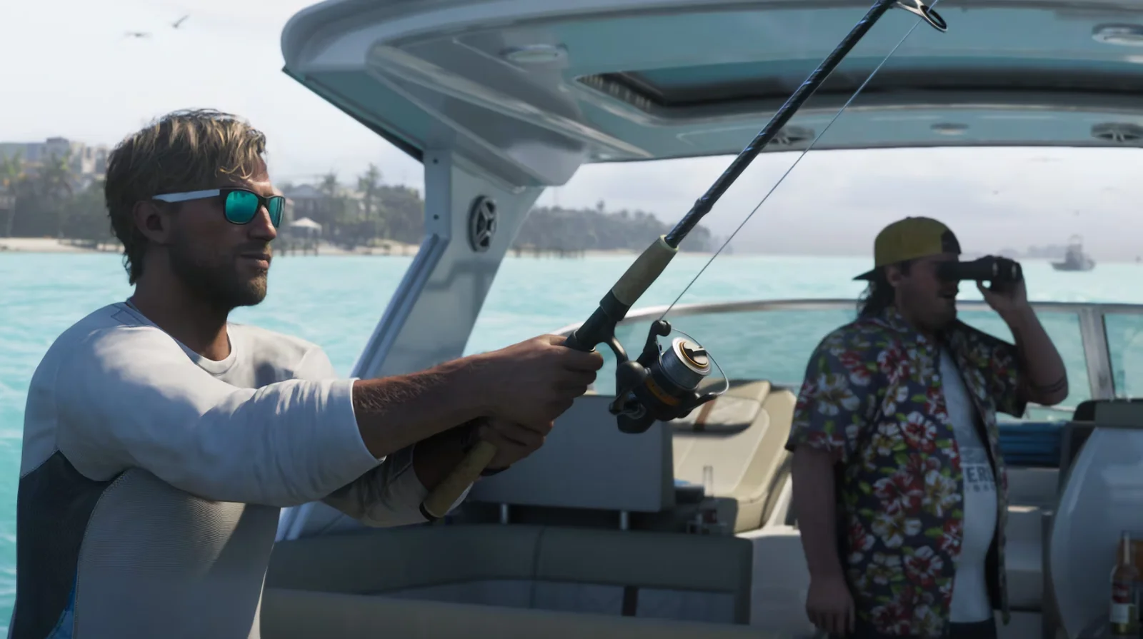 GTA 6 character Jason Duval fishing on a boat in the Leonida Keys