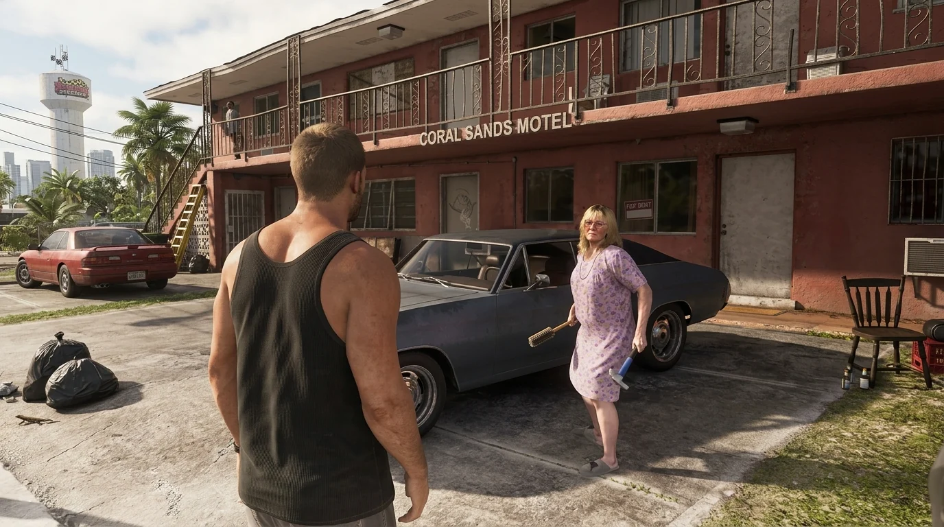 GTA 6 gameplay: Jason in front of the Coral Sands Motel