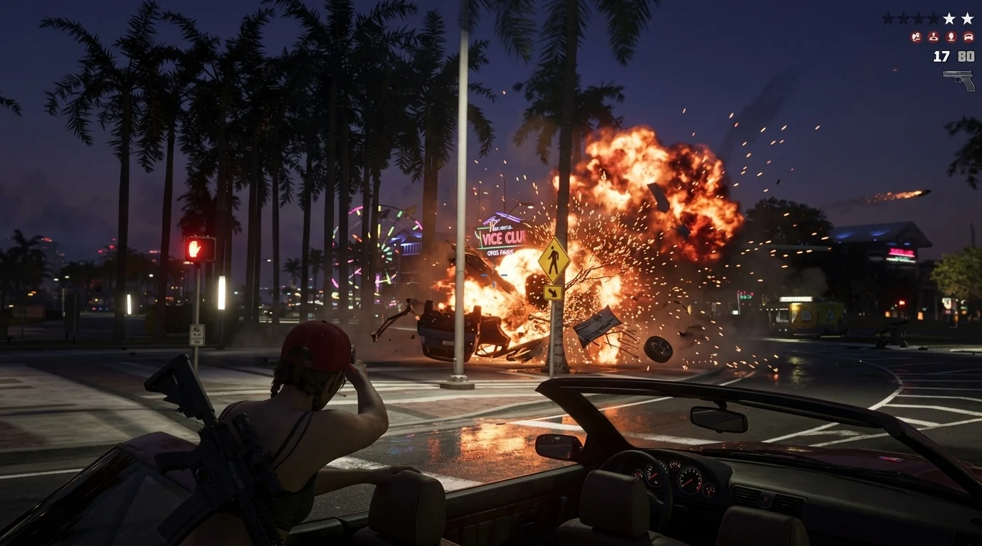 GTA 6 gameplay: a car explodes at night on a Vice City street lined with palm trees