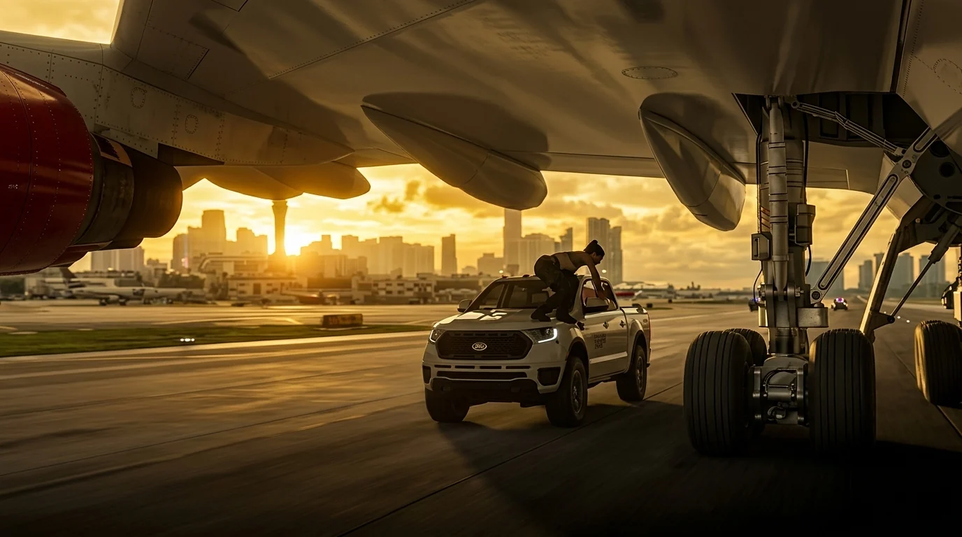 GTA 6 launch trailer: a pickup truck under a passenger jet on an airport runway at sunset