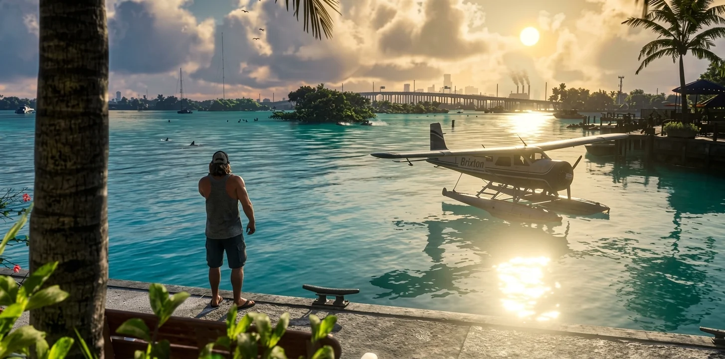 GTA 6 launch trailer: Jason stands on a dock at sunset next to a seaplane, with a bridge and the Vice City skyline behind