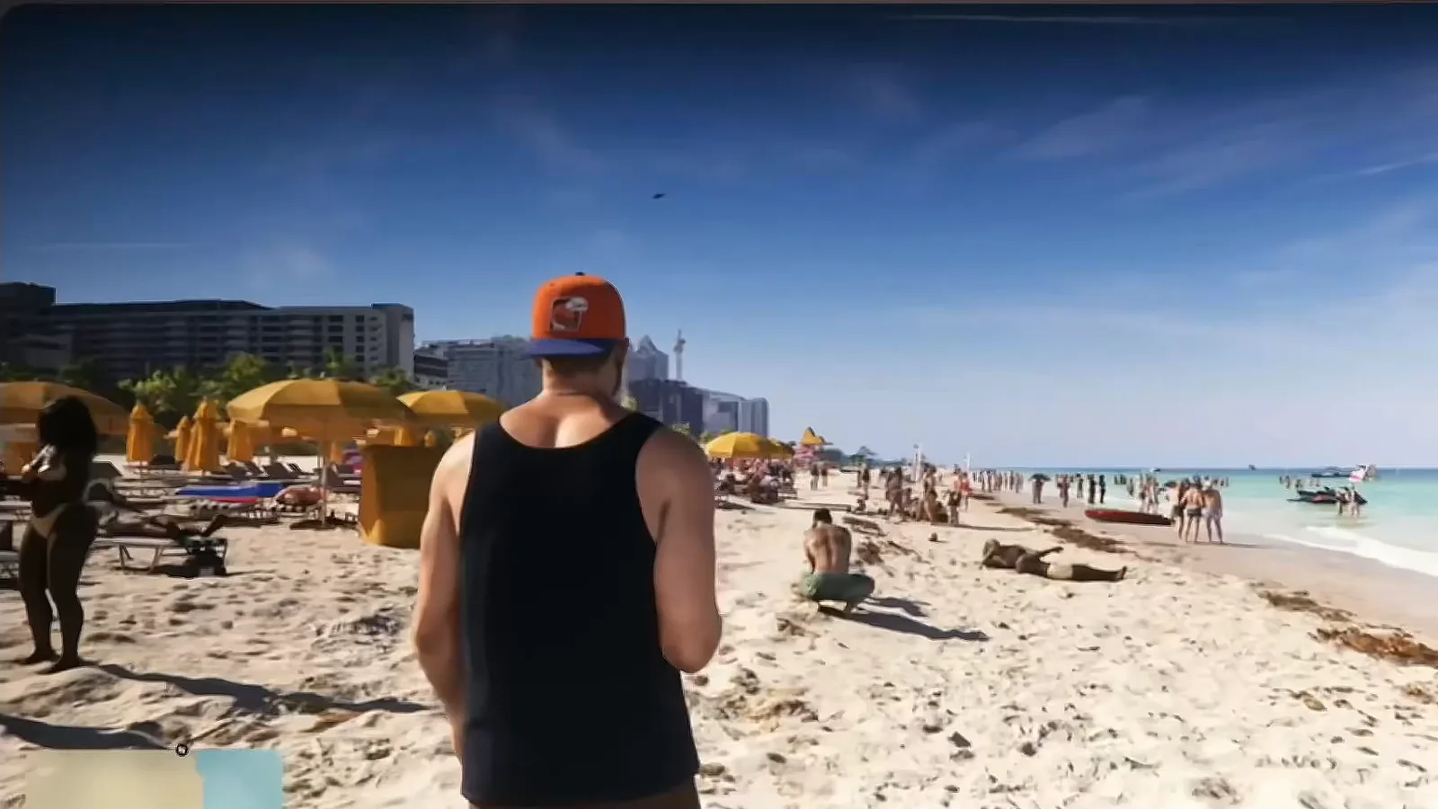 GTA 6 South Park clip: Jason on a crowded Vice City beach with dozens of NPCs