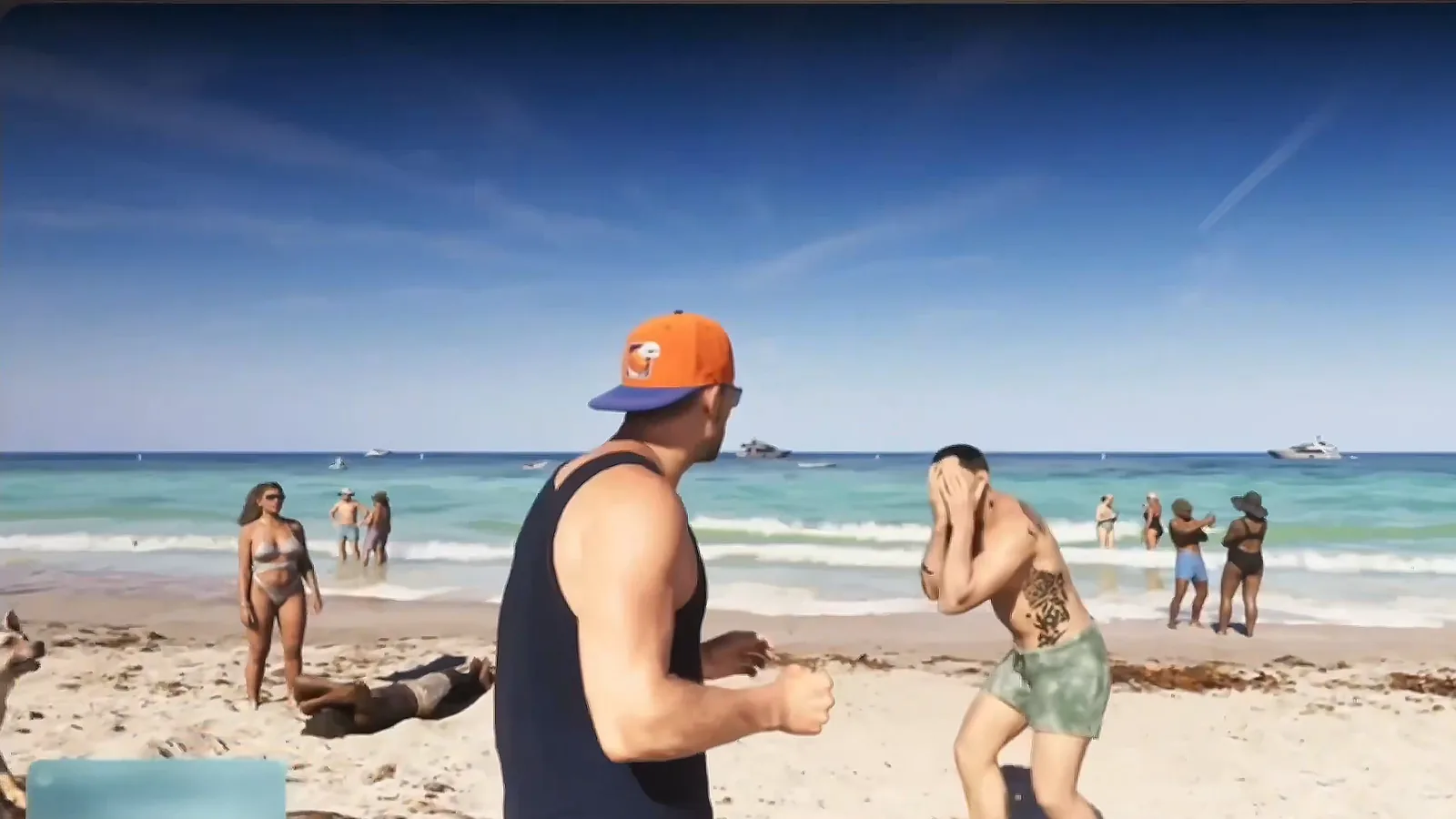 GTA 6 South Park clip: an NPC holds his face after Jason hits him on the beach