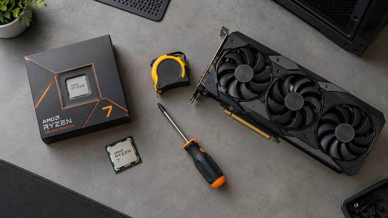 An AMD Ryzen 7 processor and its box next to a triple-fan graphics card on a workbench, ready to be paired in a gaming PC