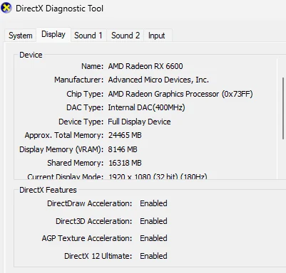 DirectX Diagnostic Tool Display tab showing an AMD Radeon RX 6600 with 8146 MB of VRAM and DirectX 12 Ultimate enabled