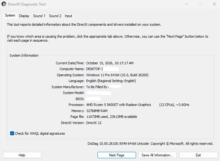 DirectX Diagnostic Tool System tab showing Windows 11 Pro 64-bit, a Ryzen 5 5600GT, 32768 MB of RAM and DirectX 12