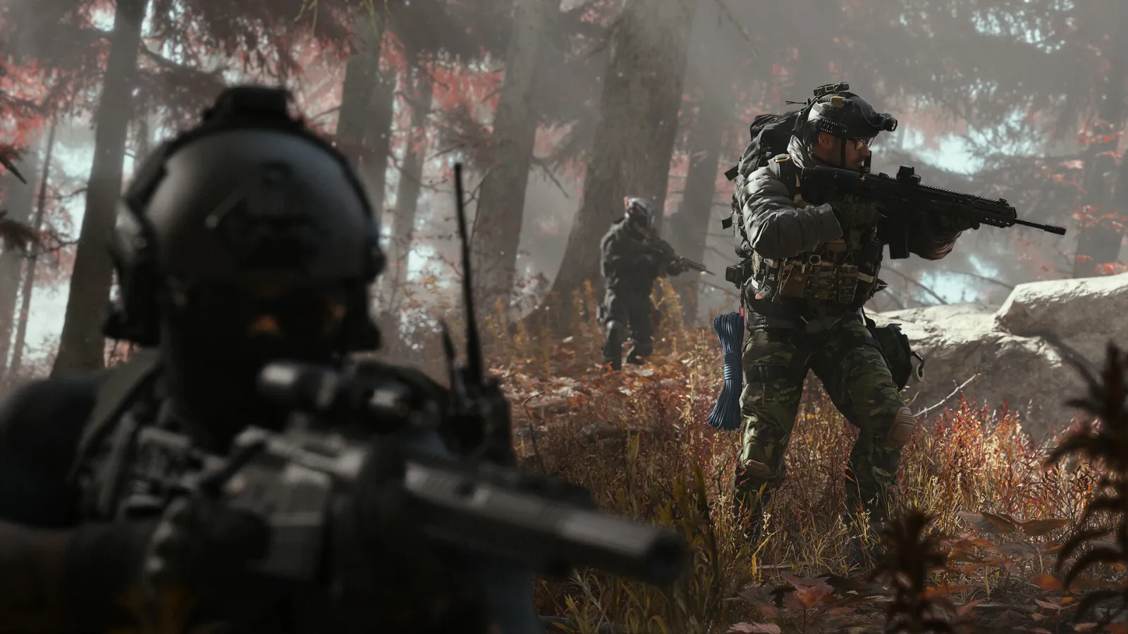 Modern Warfare 4: a squad of soldiers moves through a forest with rifles raised