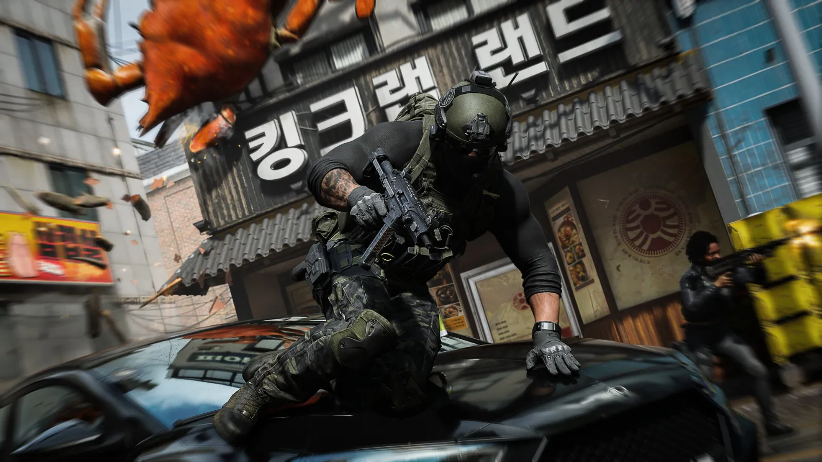 Modern Warfare 4: an operator crouches on a car in a city street with Korean signs