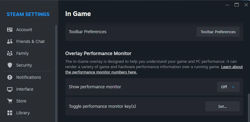 Steam Settings In Game page with the Overlay Performance Monitor section: Show performance monitor set to Off and the Toggle performance monitor key(s) button