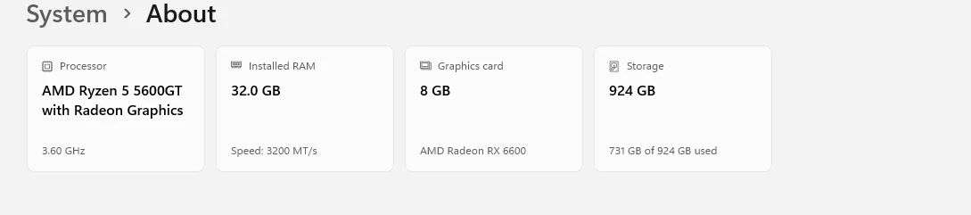 Windows 11 Settings About page showing an AMD Ryzen 5 5600GT, 32 GB of RAM and an AMD Radeon RX 6600