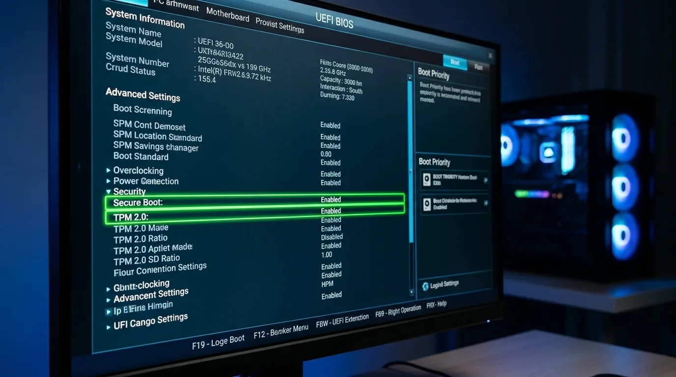 A UEFI BIOS screen with Secure Boot and TPM 2.0 set to Enabled