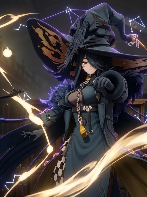 NTE character Blackbird in a wide witch hat, casting golden magic at night