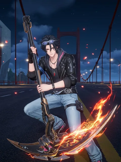 NTE character Chaos in a leather jacket holding a flaming scythe on a bridge at night