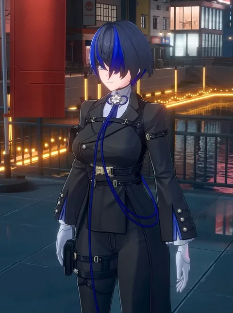 NTE character Daffodil with short black and blue hair in a dark uniform and white gloves