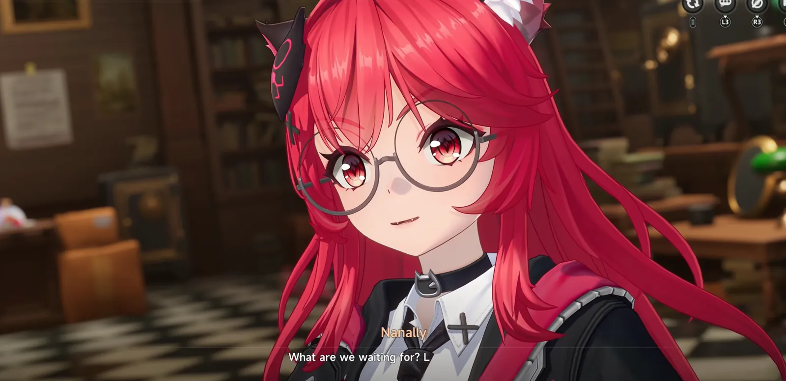 A red-haired NTE character with glasses talking in a story scene