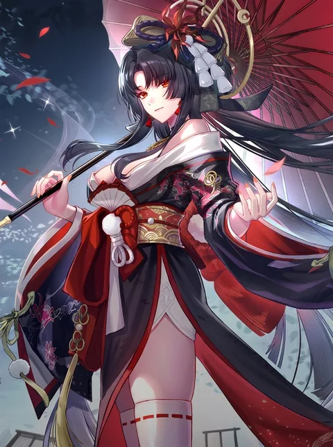 NTE character Hotori in a red and black kimono holding a paper umbrella