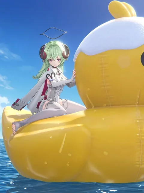 NTE character Iroi with green hair and curled horns, sitting on a giant yellow inflatable duck at sea