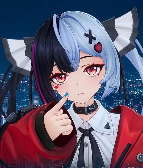 NTE character Lacrimosa with half black, half blue hair and a red jacket, city lights in the background