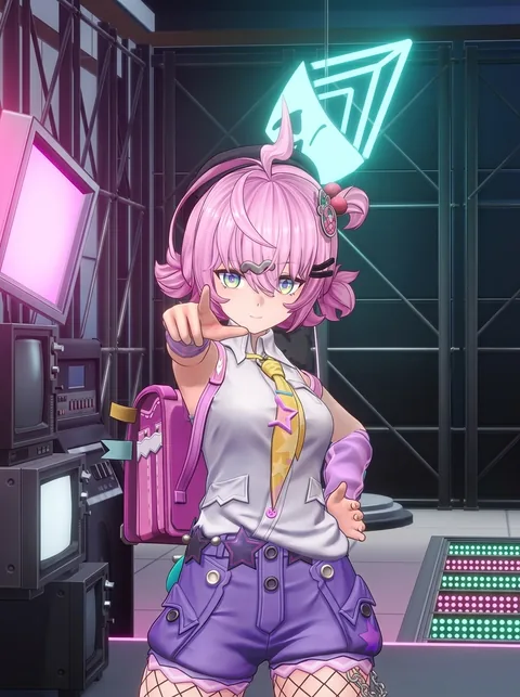 NTE character Linko with pink hair and a backpack, pointing at the camera in a neon-lit studio