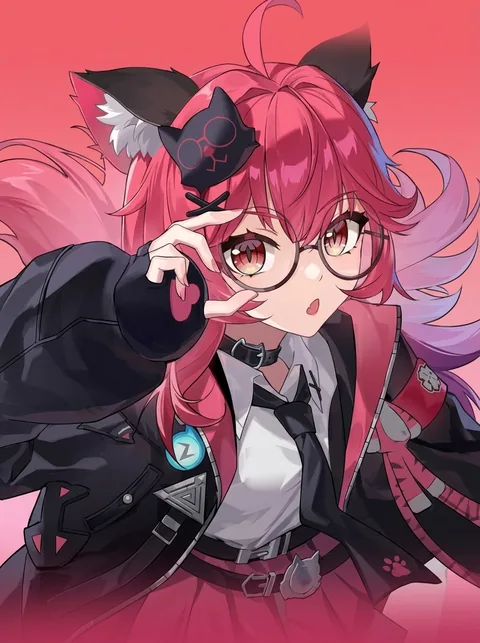 NTE character Nanally with red hair, cat ears and round glasses