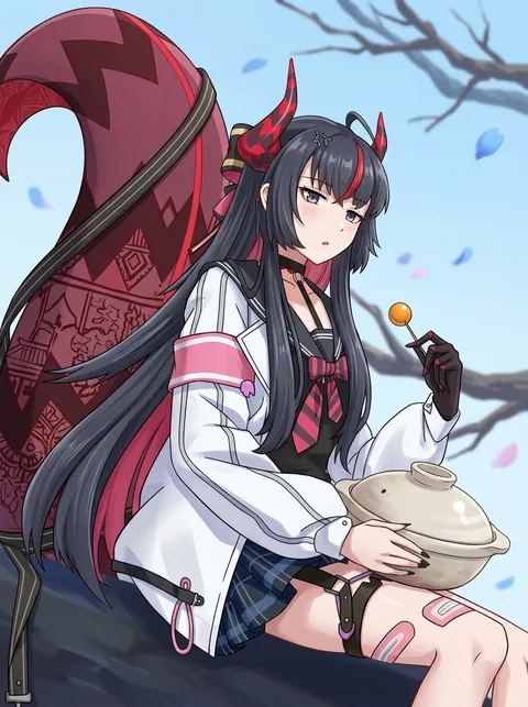 NTE character Shinku with long black hair and red horns, holding a lollipop and a clay pot