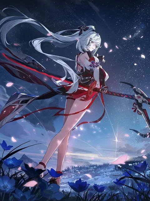 NTE character Zankou with long silver hair and a scythe in a blue flower field at night
