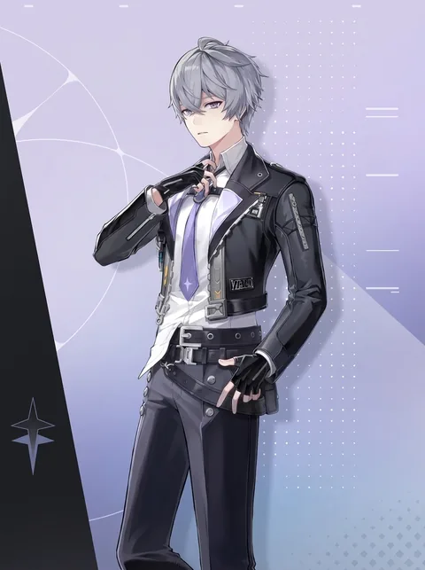 NTE character Zero with grey hair in a black leather jacket and tie