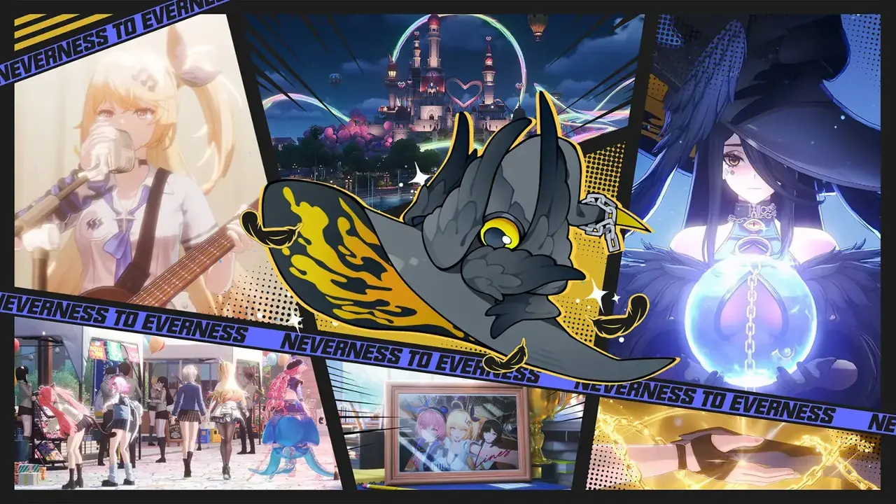 NTE: Neverness to Everness characters in an official collage: a singer with a guitar, a dark-haired character holding a glowing orb, and friends at a street market
