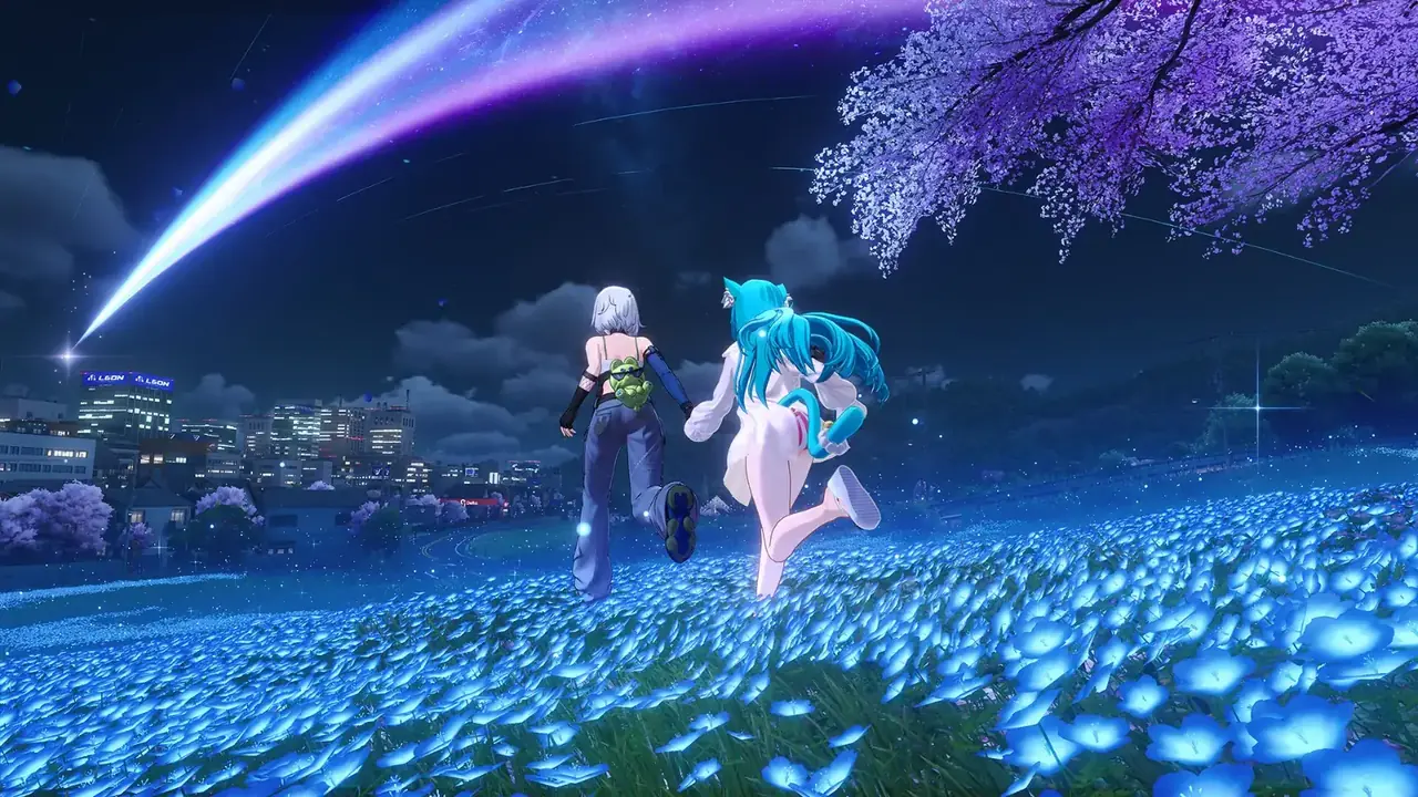 NTE: Neverness to Everness, two characters run through a glowing blue flower field under a night sky