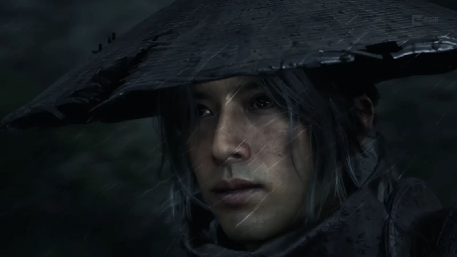 Phantom Blade Zero: close-up of Soul in a straw hat under heavy rain