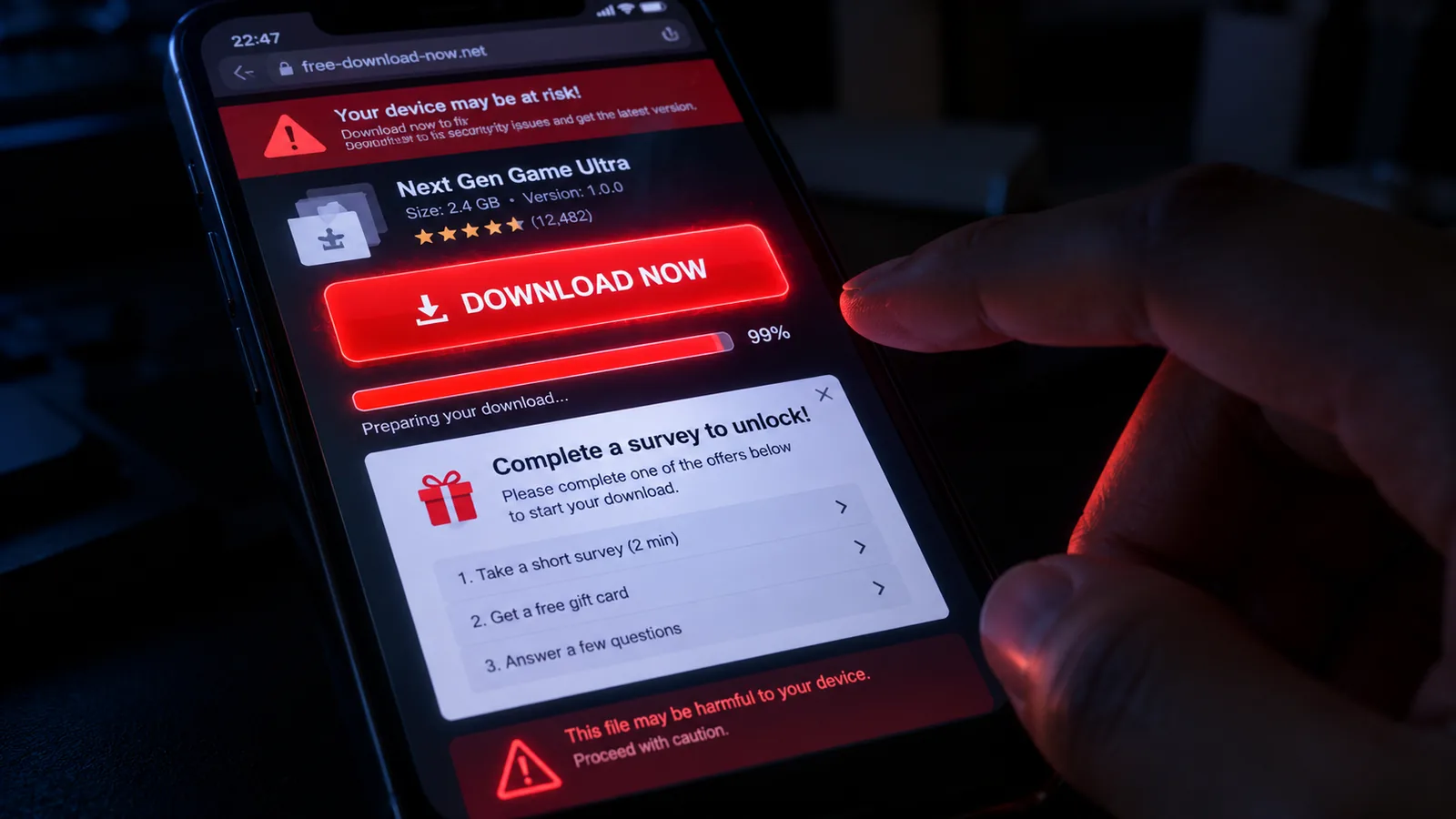 A fake download page on a phone screen promising PS5 games for PPSSPP, with warning signs