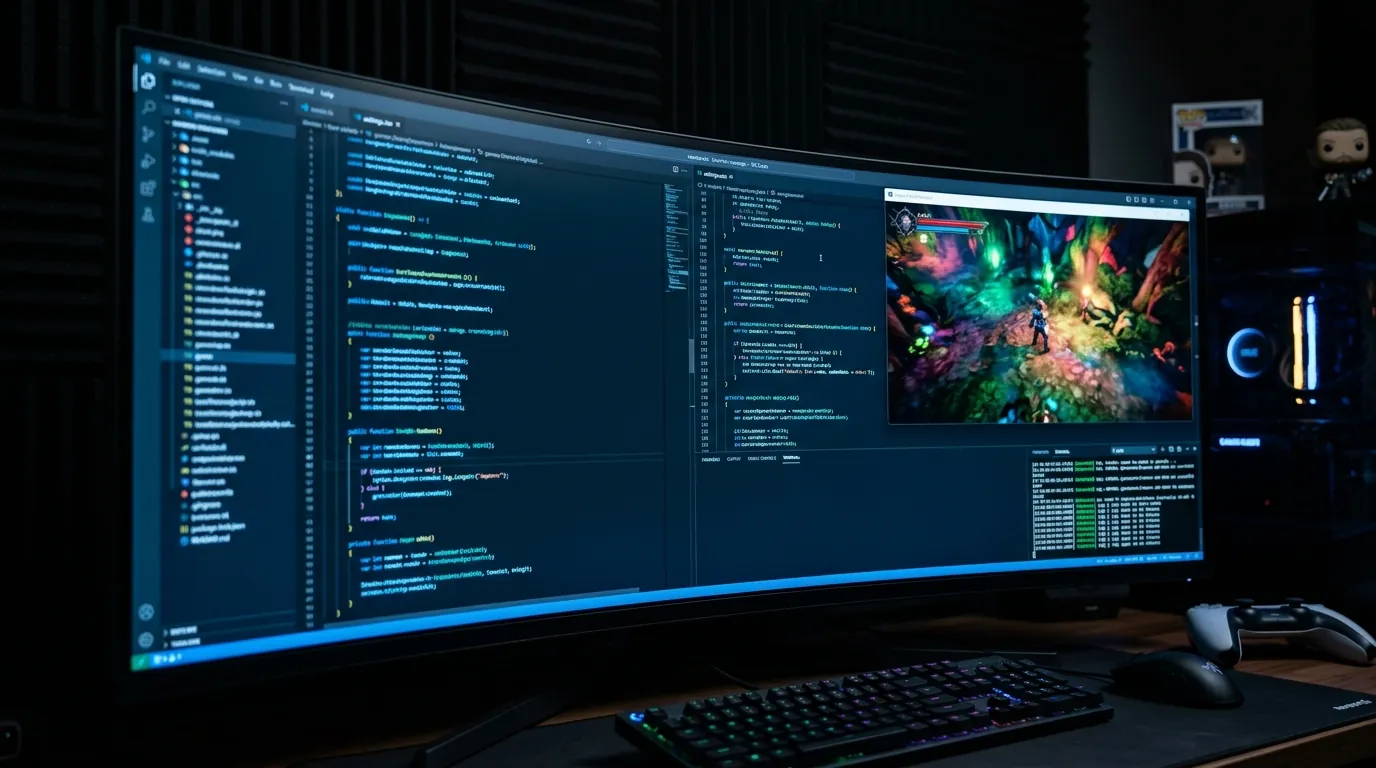 Emulator source code next to a game window on a PC monitor