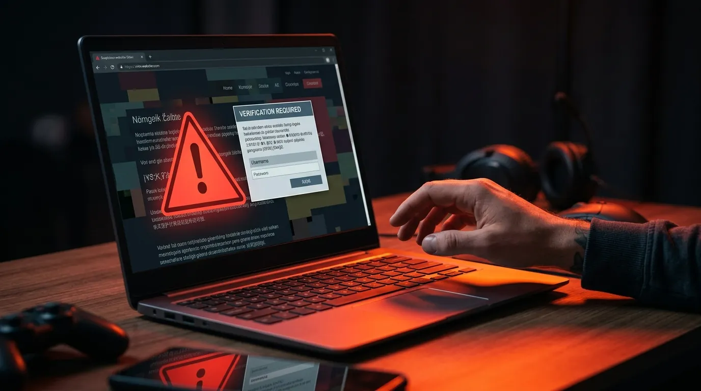 A laptop showing a fake website with a warning sign and a verification popup