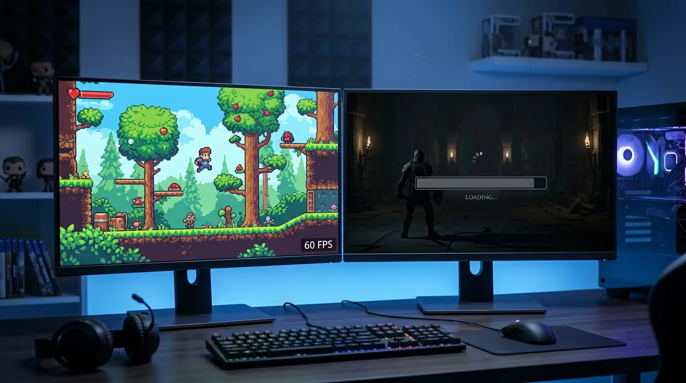 A 2D game running at 60 FPS next to a 3D game stuck on a loading screen