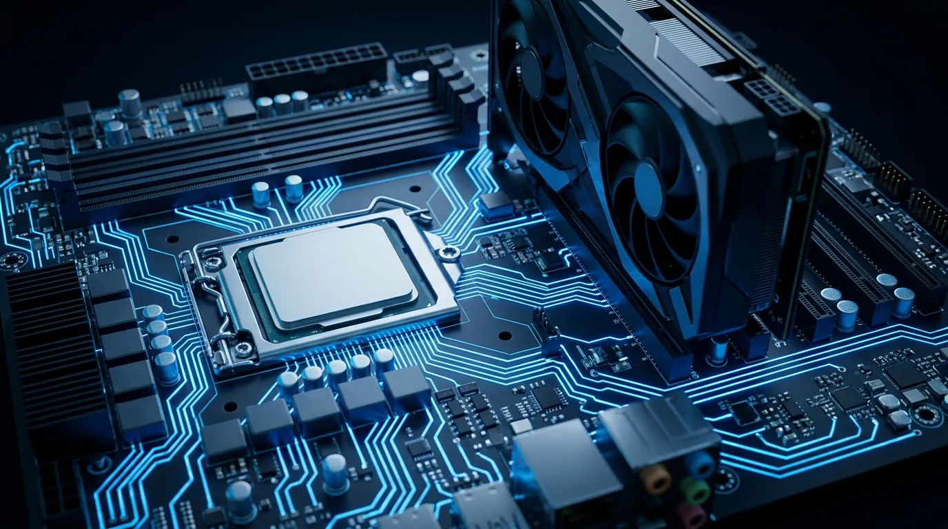 Close-up of a PC motherboard with a CPU and a graphics card