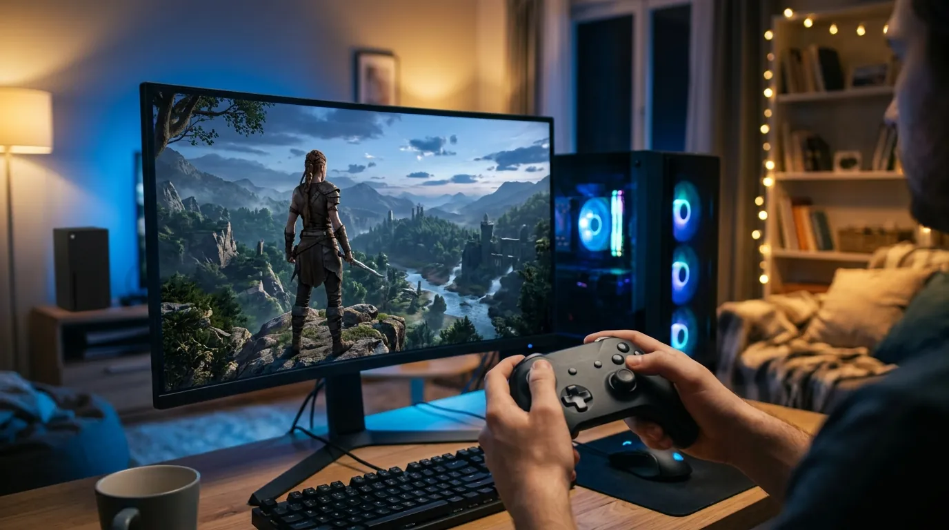 A player using a controller in front of a PC playing an open-world game