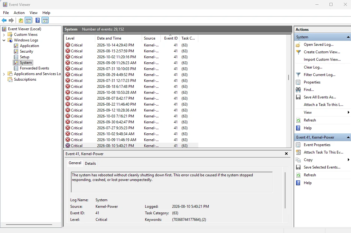 Event Viewer filtered on Event ID 41 showing many Kernel-Power critical events on a Windows 11 PC