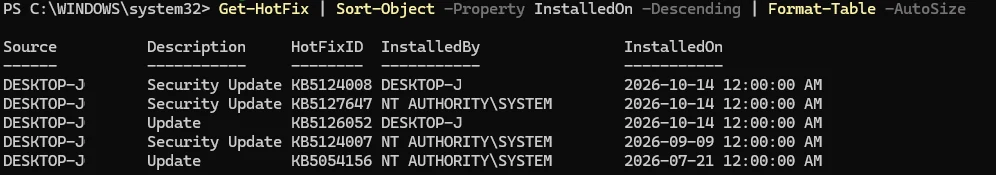 PowerShell Get-HotFix output listing Windows 11 updates sorted by date