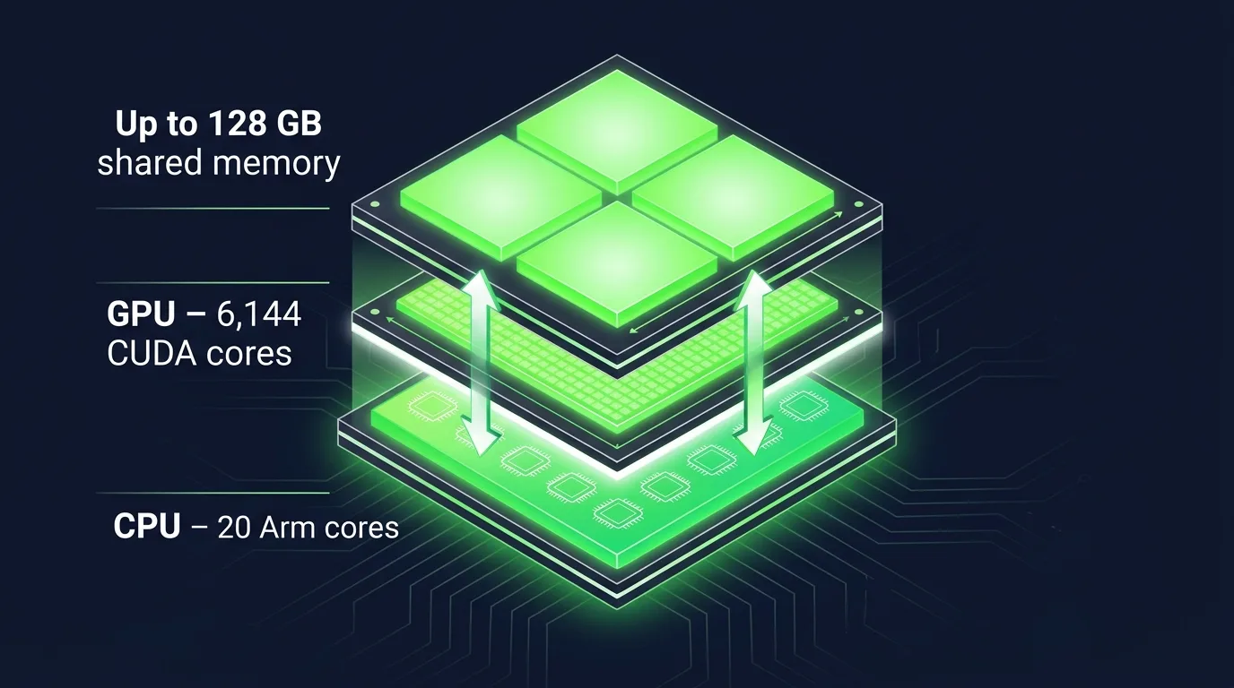 Diagram of the NVIDIA RTX Spark superchip: CPU with 20 Arm cores, GPU with 6,144 CUDA cores and up to 128 GB of shared memory in one chip
