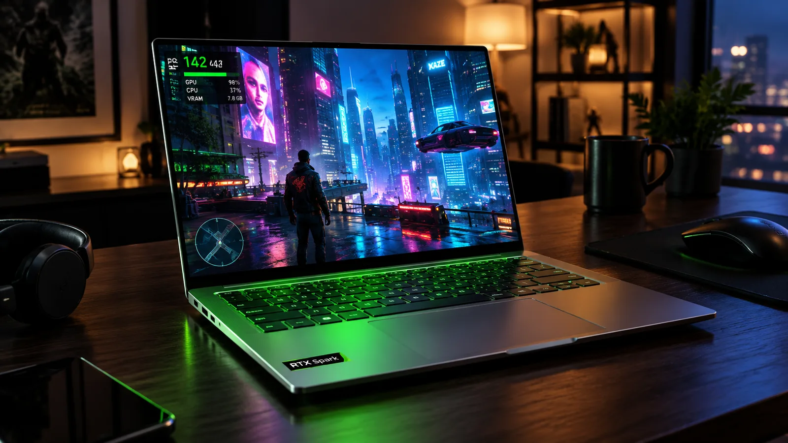 A thin silver laptop with an RTX Spark sticker running an open-world game at night