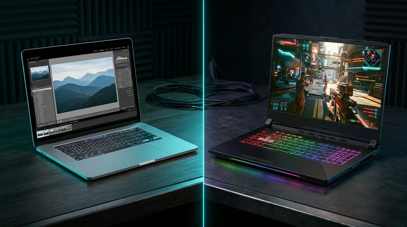 A thin creator laptop next to a black gaming laptop with an RGB keyboard