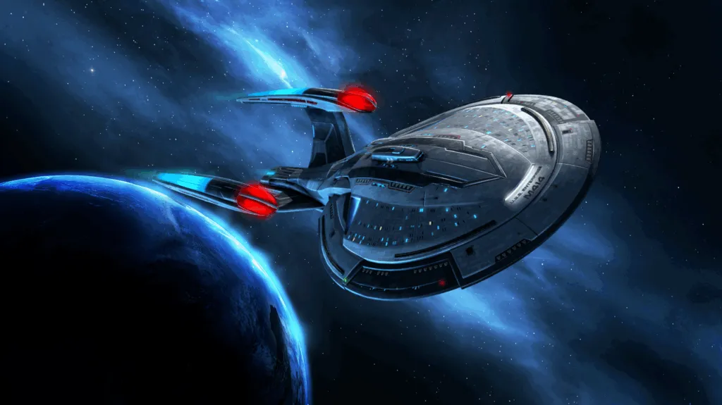 Star Trek Fleet Command: a Federation Enterprise-class starship flying above a blue planet