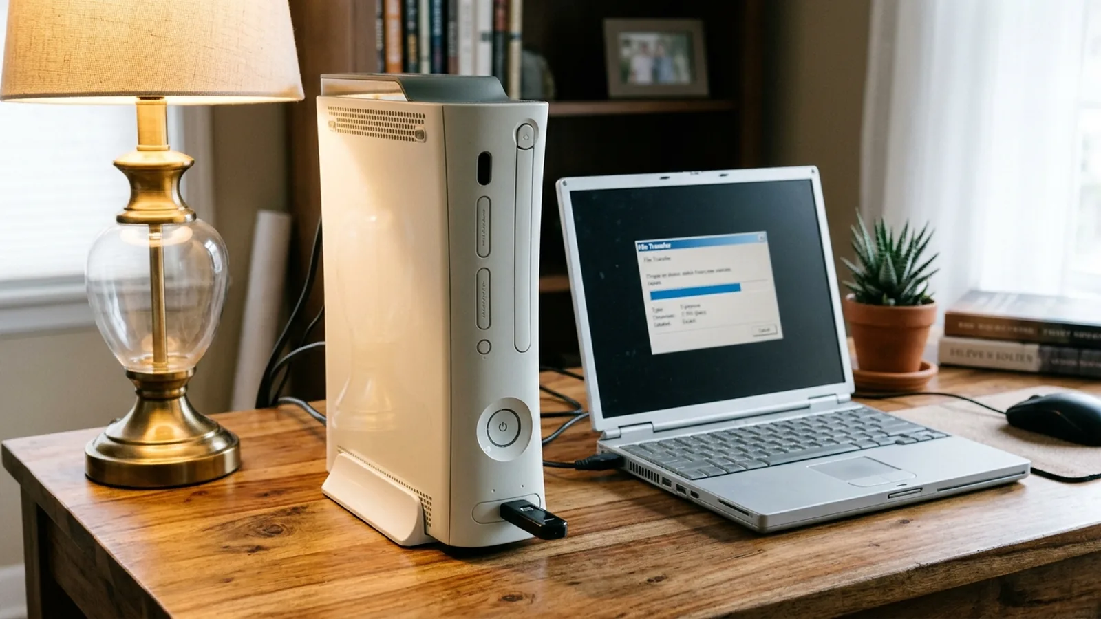 An Xbox 360-style console connected to a USB drive next to a laptop, used to copy owned games to a PC